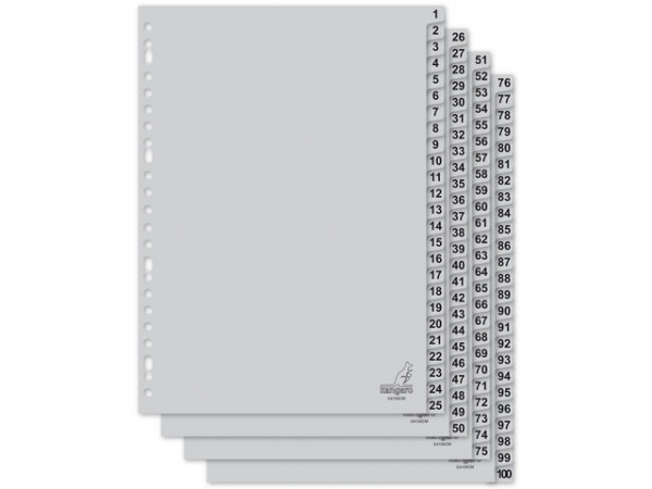 Plastic tabs 1-100 (100 grey tabs) | A4, 23-hole | Kangaro 205474 - 1