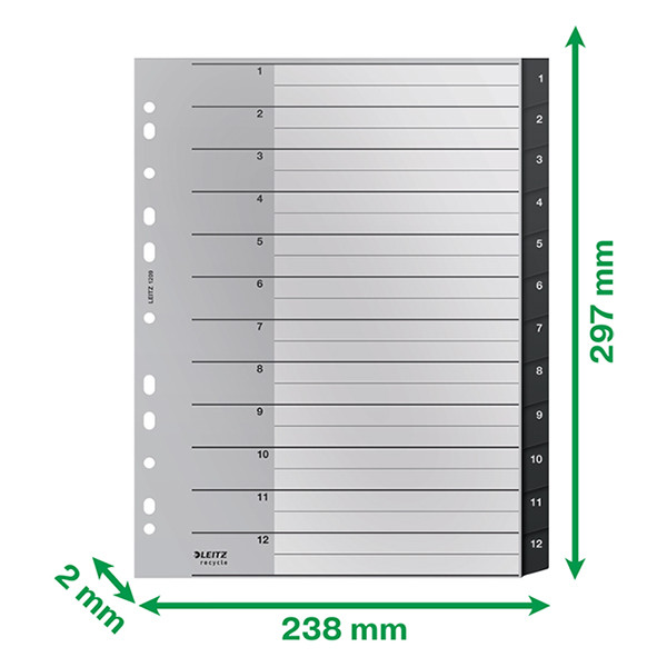 Leitz Recycle white/black A4 plastic tabs with indexes 1-12 (11 holes) 12090000 226471 - 3