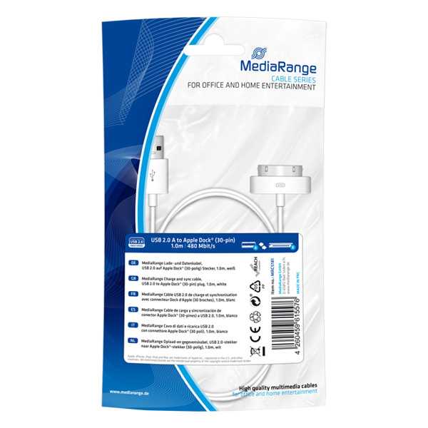 MediaRange USB 2.0 Charge/Sync cable, 30-pin, 1.0m, white**Clearance** 361056 - 1