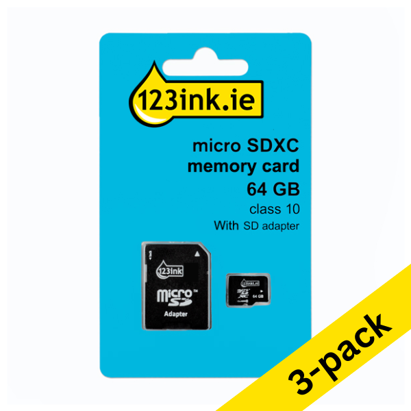 Micro SDXC memory card (64GB) + adapter | Class 10 | 123ink | 3-pack 302954 - 1