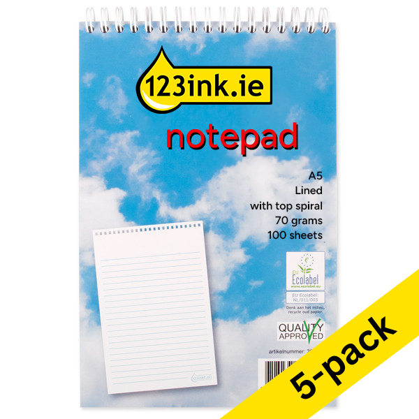 Notepad spiral A5 | 123ink | 100 sheets | 5-pack 300594 - 1