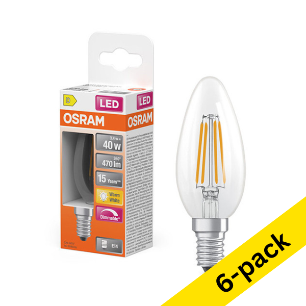 Osram E14 LED clear dimmable candle filament bulb 1.8W (25W) | 2700K (6-pack) LOS01844 - 1