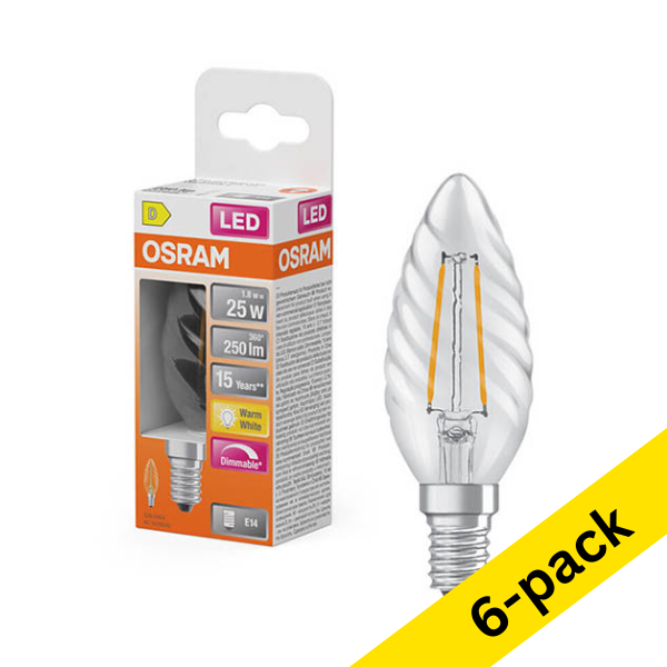 Osram E14 LED clear dimmable candle filament bulb 1.8W (25W) | 2700K (6-pack) LOS02101 - 1