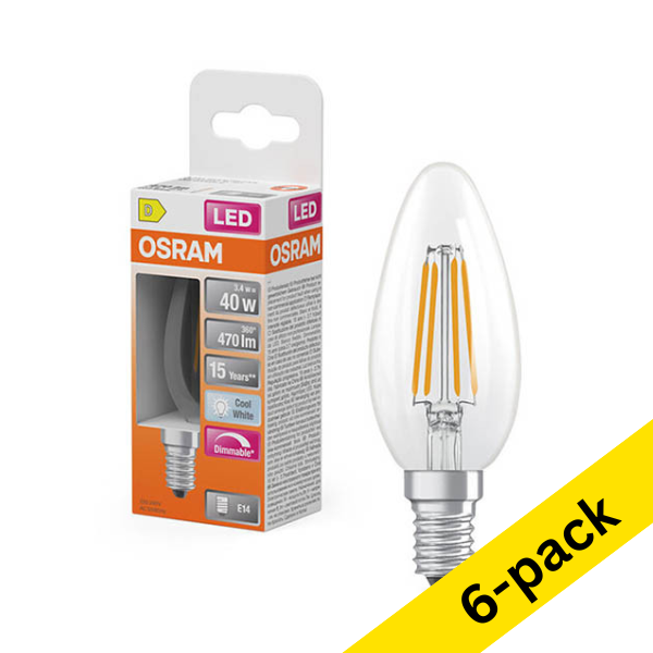 Osram E14 LED clear dimmable candle filament bulb 3.4W (40W) | 4000K (6-pack) LOS02129 - 1