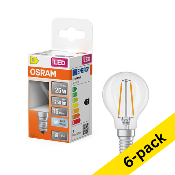 Osram E14 LED clear filament ball bulb 1.8W (25W) | 4000K (6-pack) LOS02165 - 1
