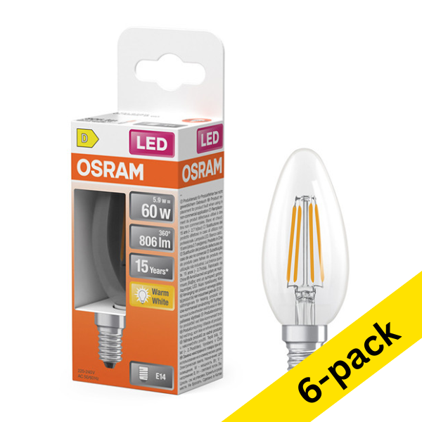 Osram E14 LED clear filament candle bulb 5.5W (60W) | 2700K (6-pack) LOS01190 - 1