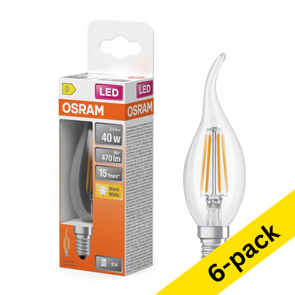 Osram E14 LED decorative clear filament candle bulb 3.4W (40W) | 2700K (6-pack) LOS01800 - 1