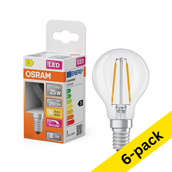 Osram E14 LED dimmable clear filament ball bulb 1.8W (25W) | 2700K (6-pack) LOS01870 - 1