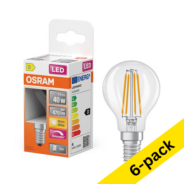 Osram E14 LED dimmable clear filament ball bulb 3.4W (40W) | 2700K (6-pack) LOS01874 - 1