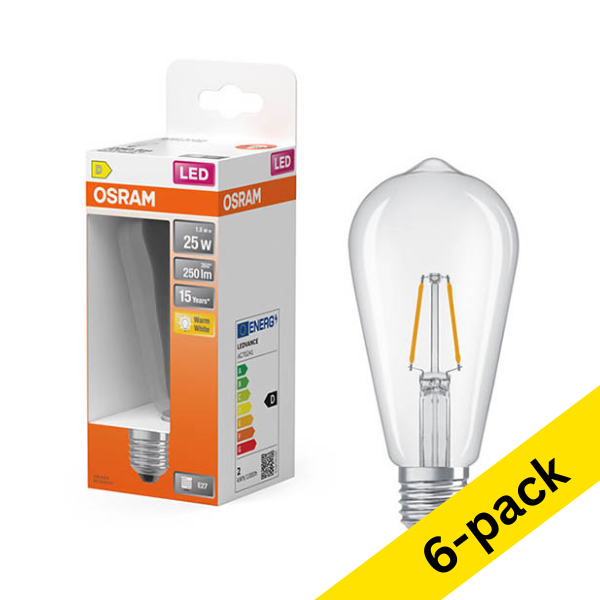Osram E27 LED clear filament Edison bulb 1.8W (25W) | 2700K (6-pack) LOS01908 - 1