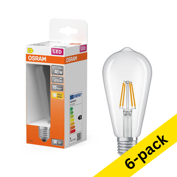 Osram E27 LED clear filament Edison bulb 3.4W (40W) | 2700K (6-pack) LOS01910 - 1