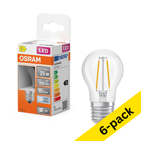 Osram E27 LED clear filament ball bulb 1.8W (25W) | 4000K (6-pack) LOS02163 - 1