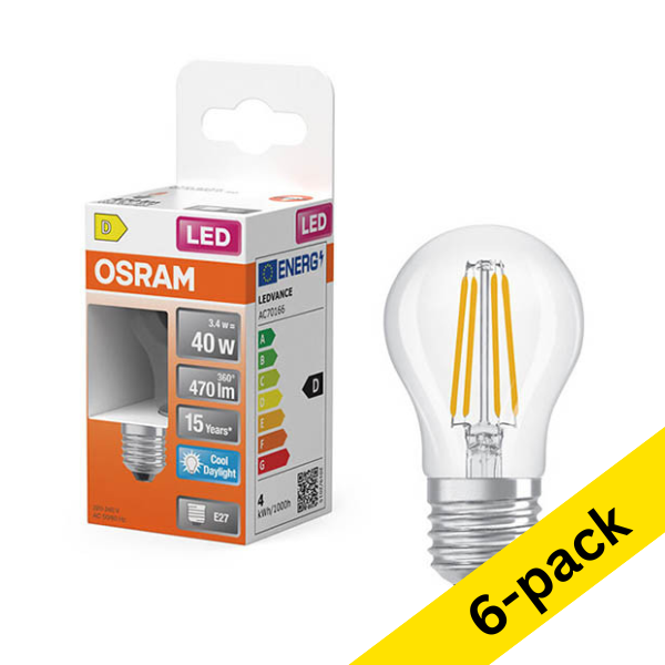 Osram E27 LED clear filament ball bulb 3.4W (40W) | 6500K (6-pack) LOS02173 - 1