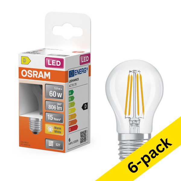 Osram E27 LED clear filament ball bulb 5.5W (60W) | 2700K (6-pack) LOS01242 - 1
