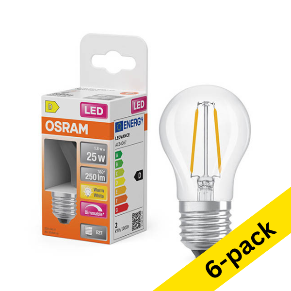 Osram E27 LED dimmable pear filament bulb 1.8W (25W) | 2700K (6-pack) LOS01868 - 1