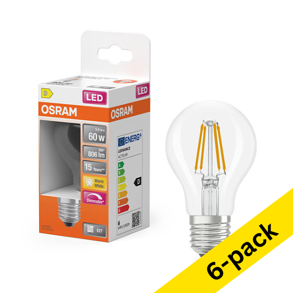 Osram E27 LED dimmable pear filament bulb 5.9W (60W) | 2700K (6-pack) LOS01808 - 1