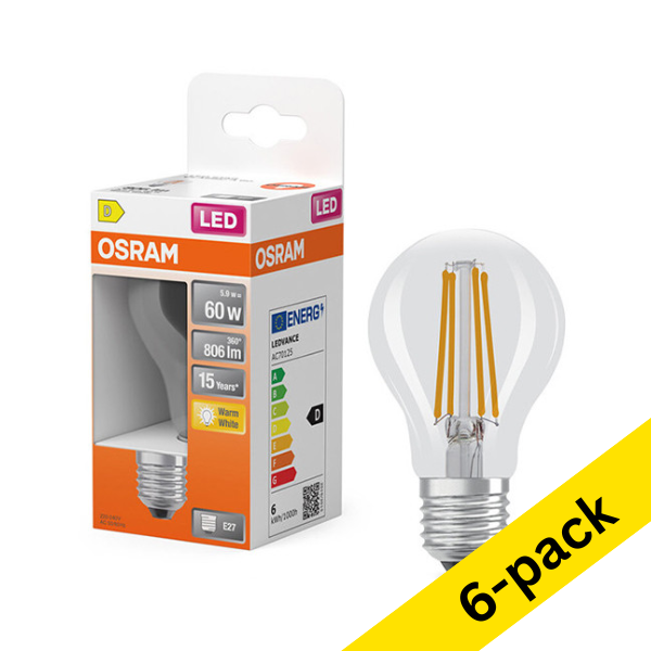 Osram E27 LED pear filament bulb 5.9W (60W) | 2700K (6-pack) LOS01828 - 1