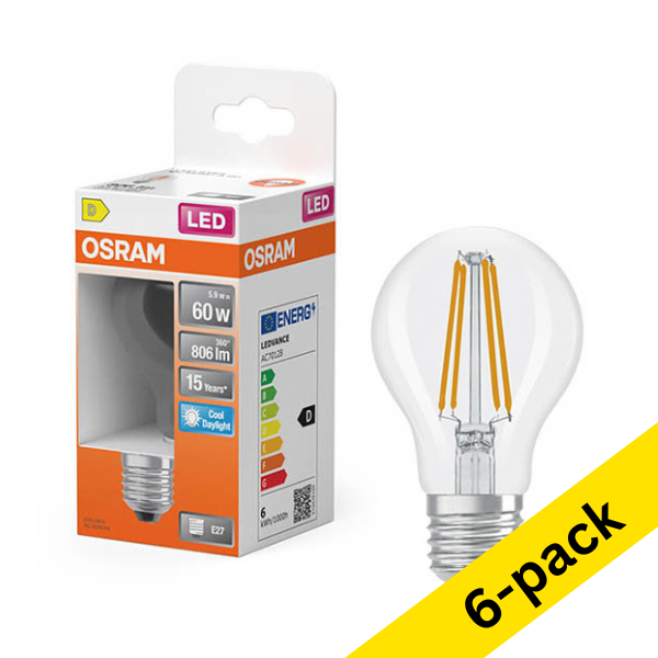 Osram E27 LED pear filament bulb 5.9W (60W) | 6500K (6-pack) LOS02123 - 1