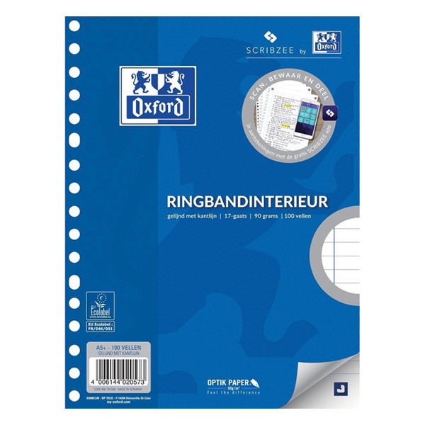 Ring binder paper A5 lined 90g  (17 rings) | Oxford 260188 - 1