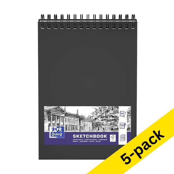 Oxford black A4 hardcover spiral sketchbook, 100 grams (5 x 50 sheets) 237652 - 1