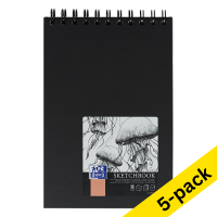 Oxford black A5 hardcover spiral sketchbook, 100 grams (50 sheets) (5-pack)