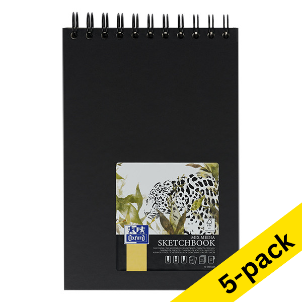 Oxford black A5 hardcover spiral sketchbook, 225 grams (40 sheets) (5-pack)  237651 - 1