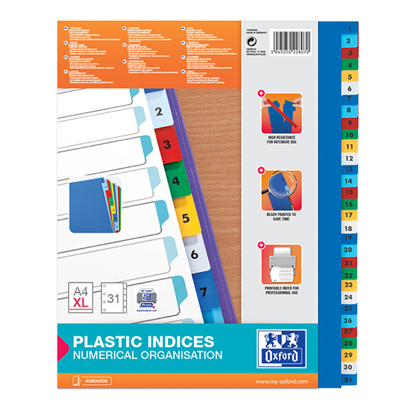 Oxford coloured A4 XL plastic tabs with indexes 1-31 (11 holes) 100204822 237532 - 1