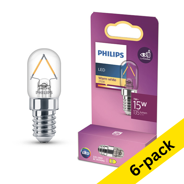 Philips E14 LED clear filament T20 tube bulb 1W (15W) | 2700K (6-pack) LPH04146 - 1
