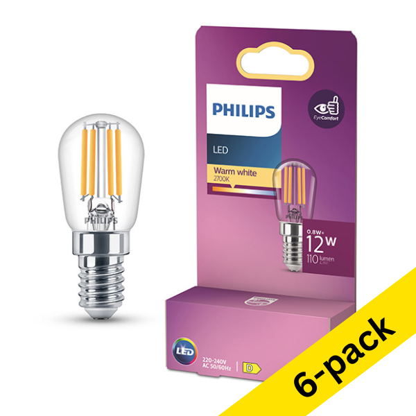 Philips E14 LED clear filament T25s tube bulb 0.8W (12W) | 2700K (6-pack) LPH04144 - 1
