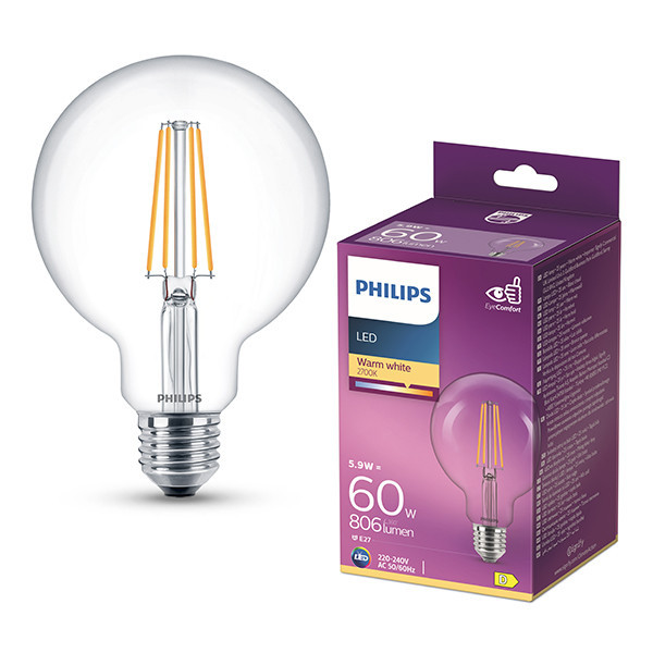 Philips E27 LED clear filament globe G95 bulb 5.9W (60W) | 2700K LPH04251 - 1