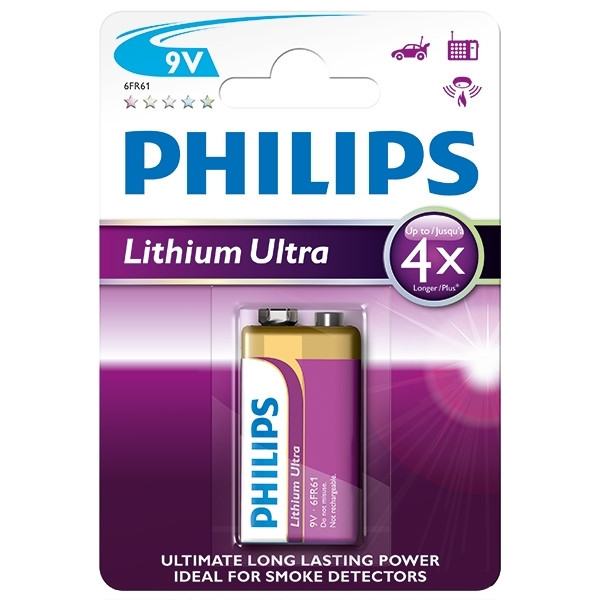 Philips Lithium Ultra 6FR61 9V E-Block battery 6FR61LB1A/10 098311 - 1