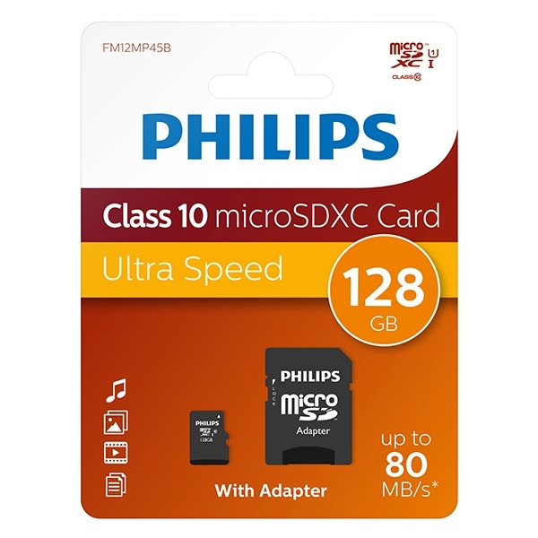 Philips Micro SDXC memory card class 10 including adapter - 128GB FM12MP45B/10 098150 - 1
