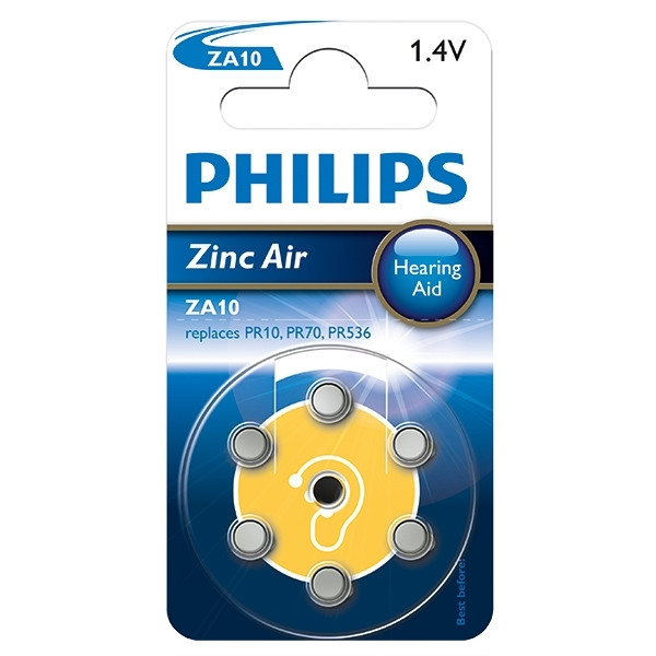 Philips ZA10 (PR70) yellow hearing aid battery (6-pack) ZA10B6A/10 098331 - 1