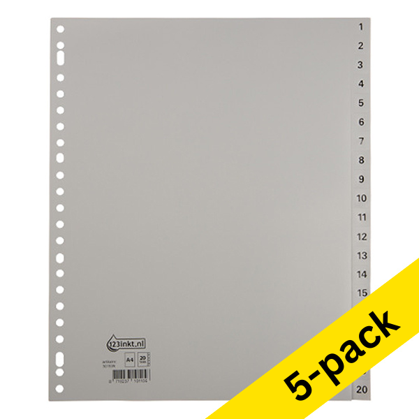 Plastic tabs 1-20 (20 grey tabs) | Extra wide A4+, 23-hole | 123ink | 5-pack 301889 - 1