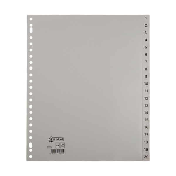 Plastic tabs 1-20 (20 grey tabs) | Extra wide A4+, 23-hole | 123ink 301539 - 1