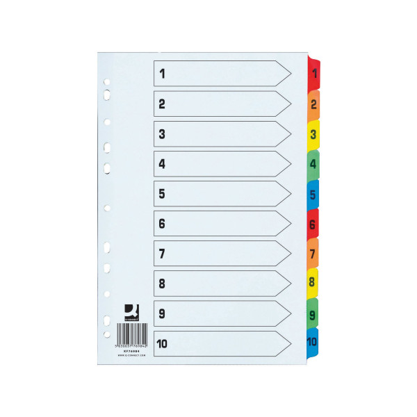 | Cardboard tabs 1-10 (10 coloured tabs) | A4, 11-hole | Q-Connect KF76984 IE000568 - 1