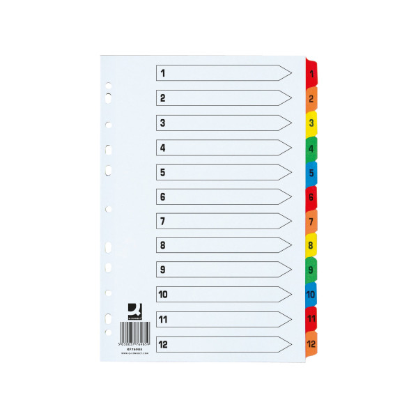 | Cardboard tabs 1-12 (12 coloured tabs) | Extra wide A4+, 11-hole | Q-Connect KF76985 IE000598 - 1