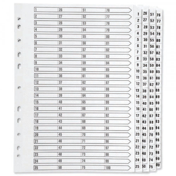 Q-Connect 05701/CS571-10 white A4 cardboard tabs with indexes 1-100 (11 holes) 05701/CS571-10 500605 - 1