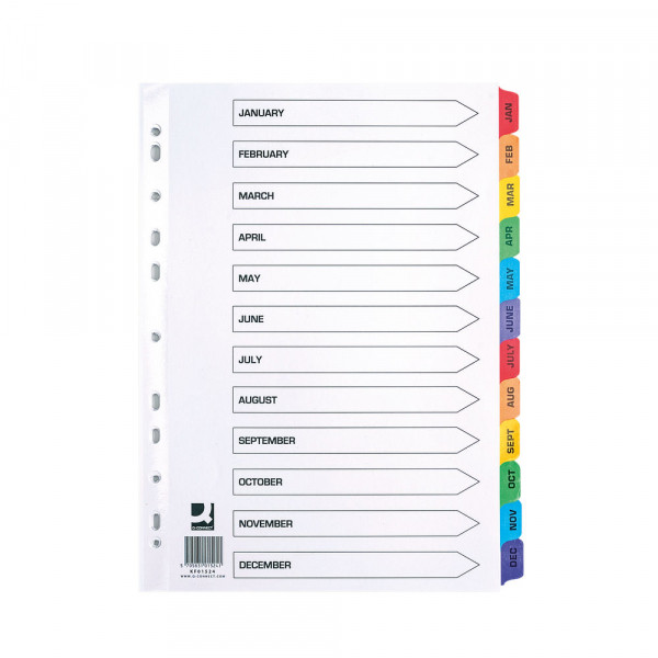 Q-Connect KF01524 white/coloured A4 cardboard tabs with 12 month indexes (11 holes) KF01524 235217 - 1