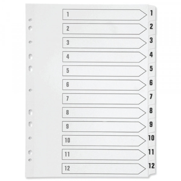 Plastic tabs 1-12 (12 white tabs) | A4, 11-hole | Q-Connect KF01354 500599 - 1