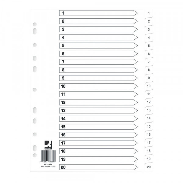 Plastic tabs 1-20 (20 white tabs) | A4, 11-hole | Q-Connect KF01356Q | 10-pack 500592 - 1