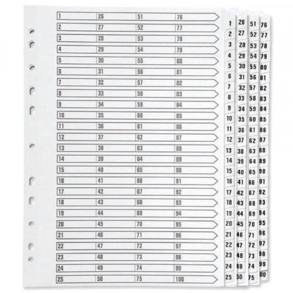 Q-Connect white A4 cardboard tabs with indexes 1-100 (11 holes) 05701/CS571-10 500605 - 1