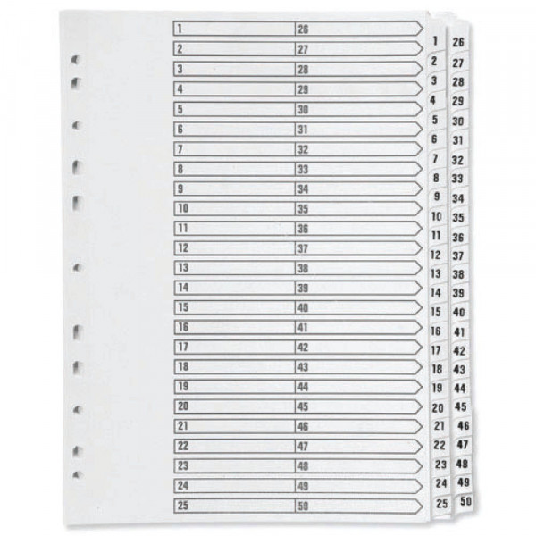Q-Connect white A4 cardboard tabs with indexes 1-50 (11 holes) 05501/CS551-50 500595 - 1