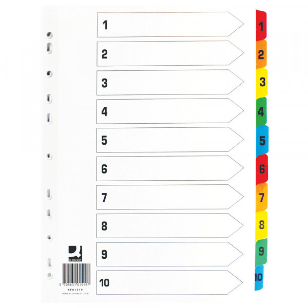 Q-Connect white/coloured A4 cardboard tabs with indexes 1-10 (11 holes) KF01519 235213 - 1