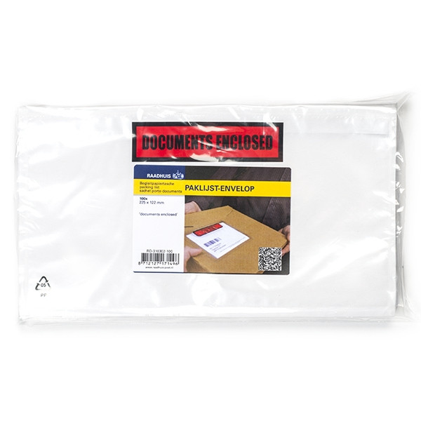 DL "DOCUMENTS ENCLOSED" packing list envelope 225 x 122mm | transparent self-adhesive | Raadhuis | 100-pack 209344 - 1