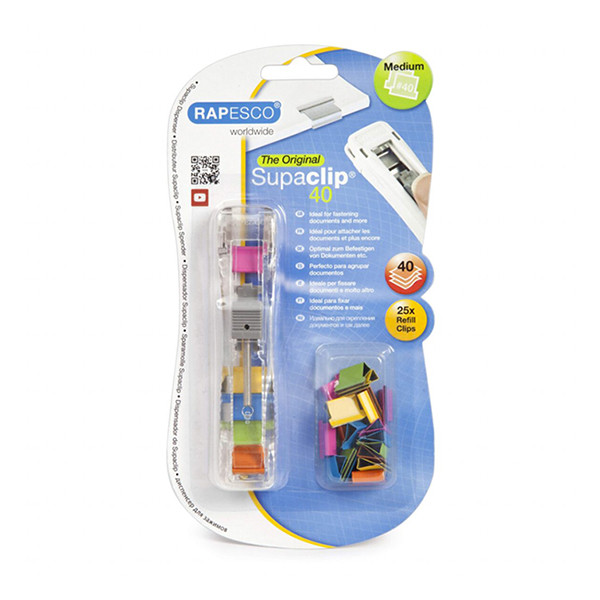Foldback clip dispenser + foldback clips 10.7mm | assorted colours | Rapesco Supaclip 40 | 25-pack 202085 - 1