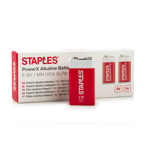 Staples PowerX 6LR61 9V E-Block batteries (5-pack) 390683 - 1