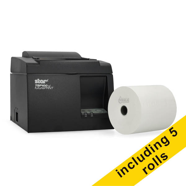 Star TSP143IIU+ receipt printer bundle with 123ink white thermo cash register roll, 80mm x 80mm x 12mm (5-pack) 081048 - 1
