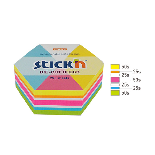 Stick'n Die-Cut assorted neon hexagon notes, 61mm x 70mm (250 sheets) 21827 201733 - 1