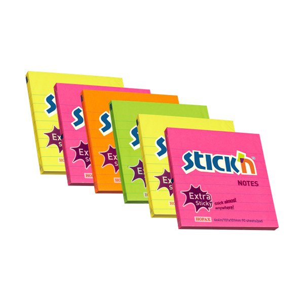 Stick'n neon extra sticky lined notes 101mm x 101mm (6-pack) EH7672 201767 - 1